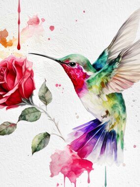 8x10 Hummingbird Rose Watercolor Oil Painting Art Print